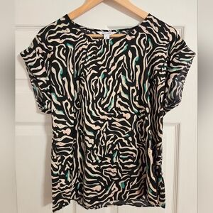 Nine West Black Beige Print Lightweight Top Size Medium